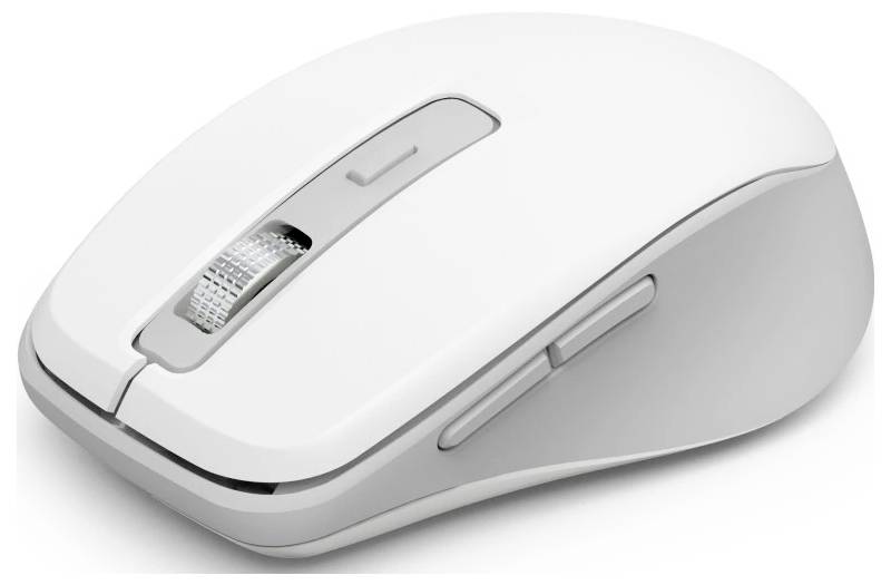 Eine elegante weiße Computermaus mit zwei Tasten und einem Scrollrad, entwickelt für ergonomischen Komfort und reibungslose Navigation.