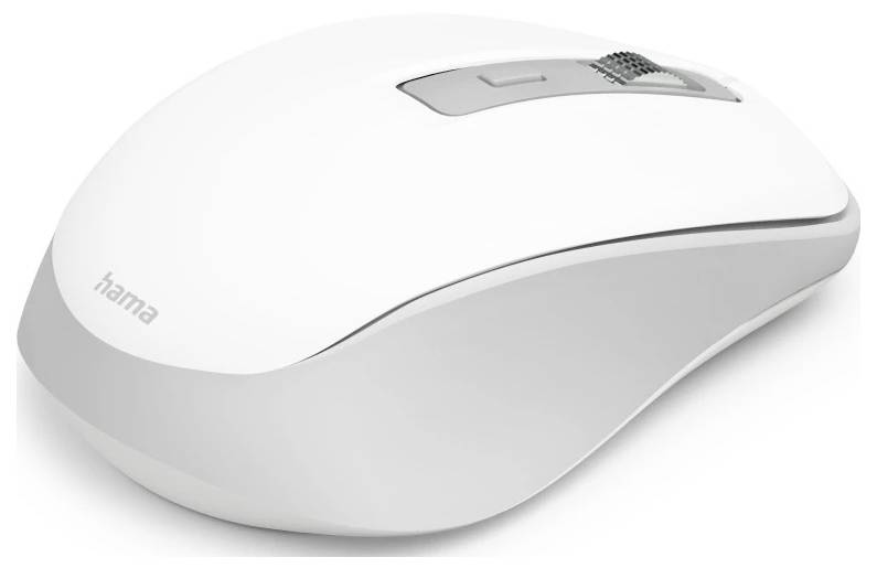 Eine weiße kabellose Computermaus mit Scrollrad und zwei Tasten, ergonomisch gestaltet. Der Markenname ist seitlich sichtbar.