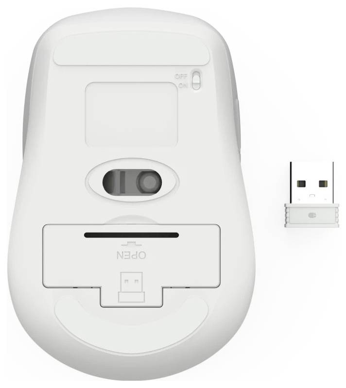 Bild des Unterteils einer weißen drahtlosen Computermaus mit Batteriefach, Ein-/Aus-Schalter und USB-Empfänger daneben.