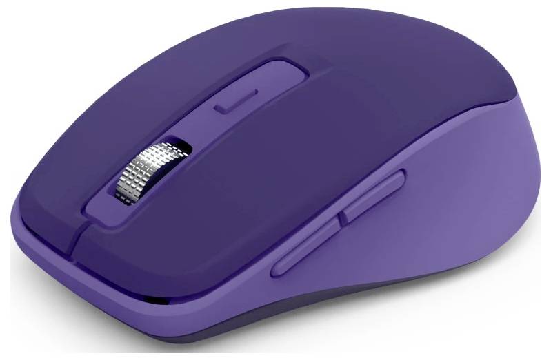 Eine lila kabellose Computermaus mit Scrollrad und zwei seitlichen Tasten, die für ergonomisches Handling entwickelt wurde.