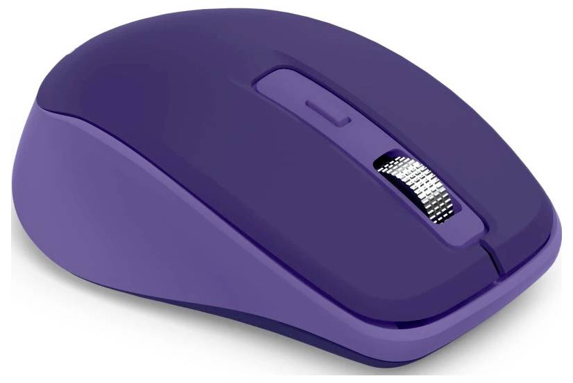 Eine lila kabellose Computermaus mit einem Scrollrad, aus einem Blickwinkel betrachtet, die ihr elegantes Design auf einem weißen Hintergrund zeigt.