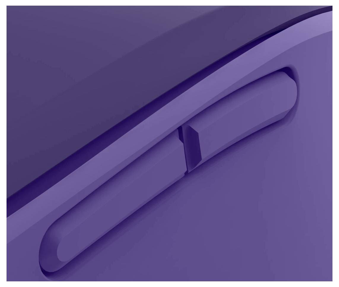 Ein Nahaufnahme eines violetten Objekts mit einer gekrümmten Oberfläche und einer rechteckigen Vertiefung, möglicherweise ein Teil eines Geräts oder eines Gehäuses.