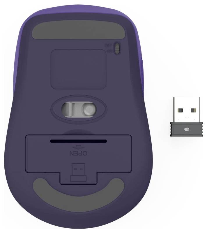 Eine lila drahtlose Computermaus mit ihrem USB-Dongle daneben, eine Unteransicht mit Batteriefach und Ein/Aus-Schalter zeigend.