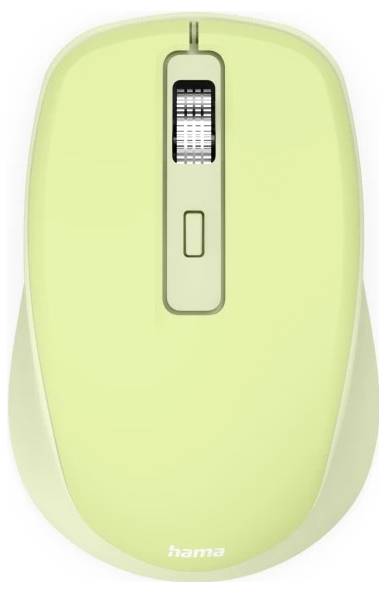 Eine hellgrüne Computermaus mit einem Scrollrad und einer Taste. Das Wort 'Hama' ist auf der Unterseite gedruckt.