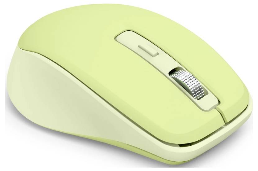 Eine hellgrüne kabellose Computermaus mit einem Scrollrad und zwei Tasten, die auf einer weißen Oberfläche ruht.