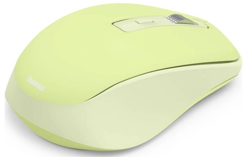 Eine hellgrüne kabellose Computermaus mit einem Scrollrad und einer kleinen Taste, auf der Seite mit der Marke 'hama' versehen.