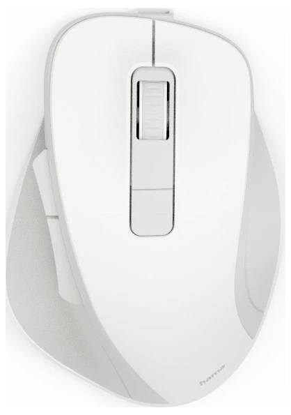 Eine weiße kabellose Computermaus mit ergonomischem Design und zentralem Scrollrad, geeignet für Links- und Rechtshänder.