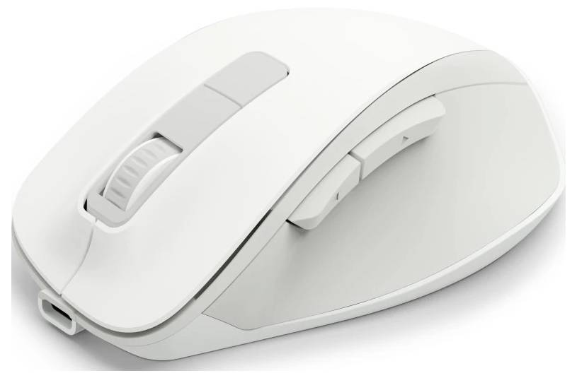 Eine weiße Computermaus mit Scrollrad und zwei Seitentasten, konzipiert für ergonomische Handhabung und drahtlose Konnektivität.