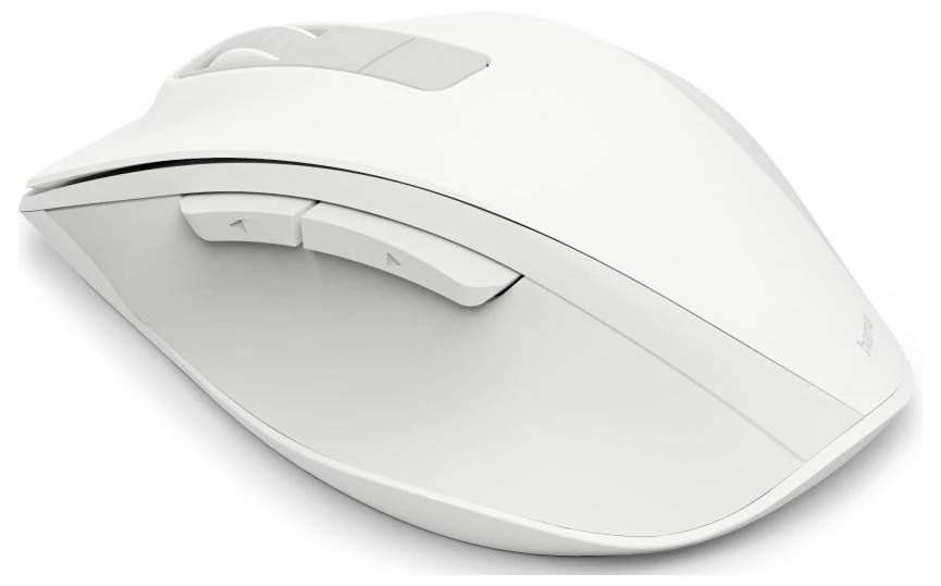 Eine weiße, kabellose Computermaus mit zwei seitlichen Tasten neben einem Scrollrad, entwickelt für ergonomisches Design und nahtlose Navigation.