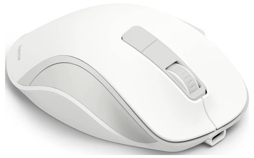 Eine elegante weiße kabellose Computermaus mit Scrollrad und zwei Tasten, die ein minimalistisches Design aufweist.