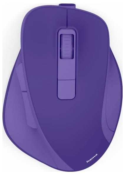 Eine lila ergonomische kabellose Computermaus mit Scrollrad und konturiertem Design für eine komfortable Handablage.