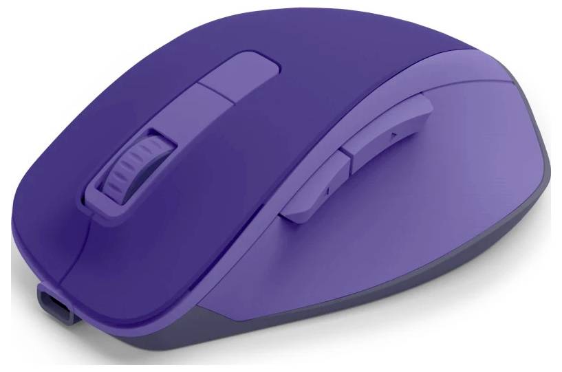 Eine lila kabellose Computermaus mit Scrollrad und zwei seitlichen Tasten, die für ergonomisches Bedienen entwickelt wurde.