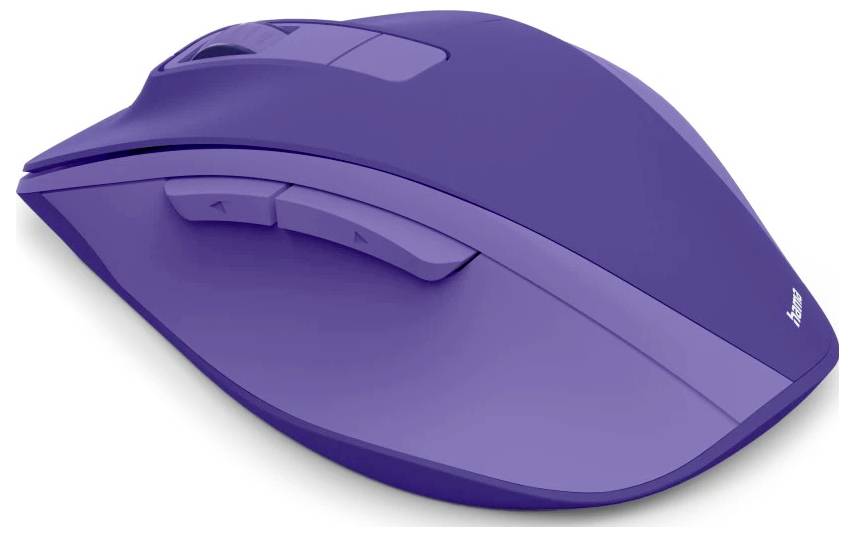 Eine lila kabellose Computermaus mit zwei seitlichen Tasten und einem Scrollrad auf der Oberseite.