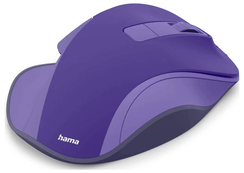 Eine lila Computermaus mit Scrollrad und ergonomischem Design, mit der Markenbezeichnung 