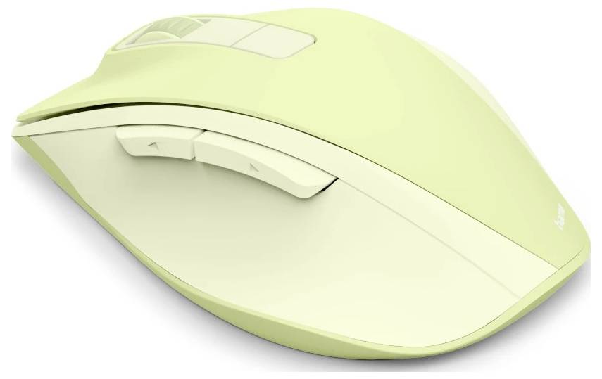 Eine hellgrüne kabellose Computermaus mit zwei seitlichen Tasten und einem Scrollrad, von der Seite betrachtet.