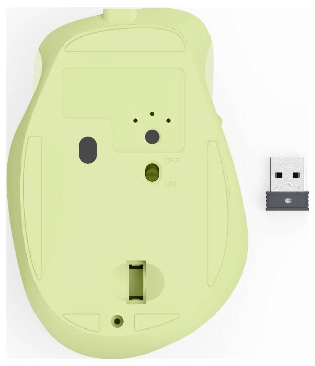 Eine grüne kabellose Computermaus, von unten gezeigt, mit einem Ein/Aus-Schalter und einem USB-Empfänger, der daneben für die Verbindung platziert ist.