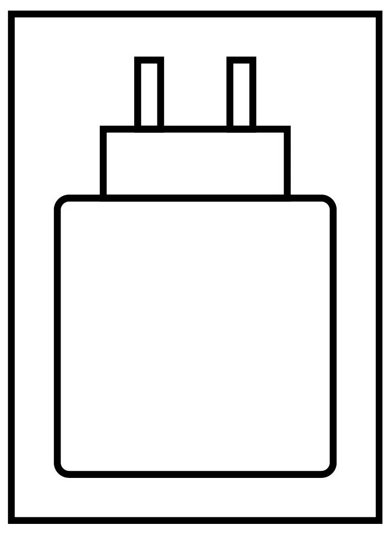 Linienzeichnung eines Netzadapters mit zwei Stiften und einem rechteckigen Gehäuse. Schlichtes, minimalistisches Design.