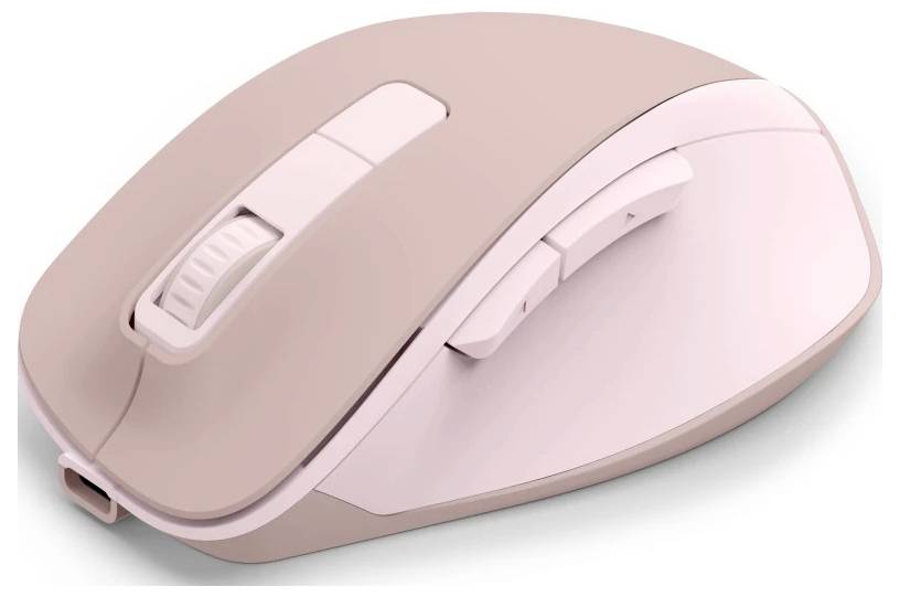 Eine pinke kabellose Computermaus mit Scrollrad und zwei Tasten auf der Oberseite, für Rechtshänder konzipiert, auf einem weißen Hintergrund abgebildet.