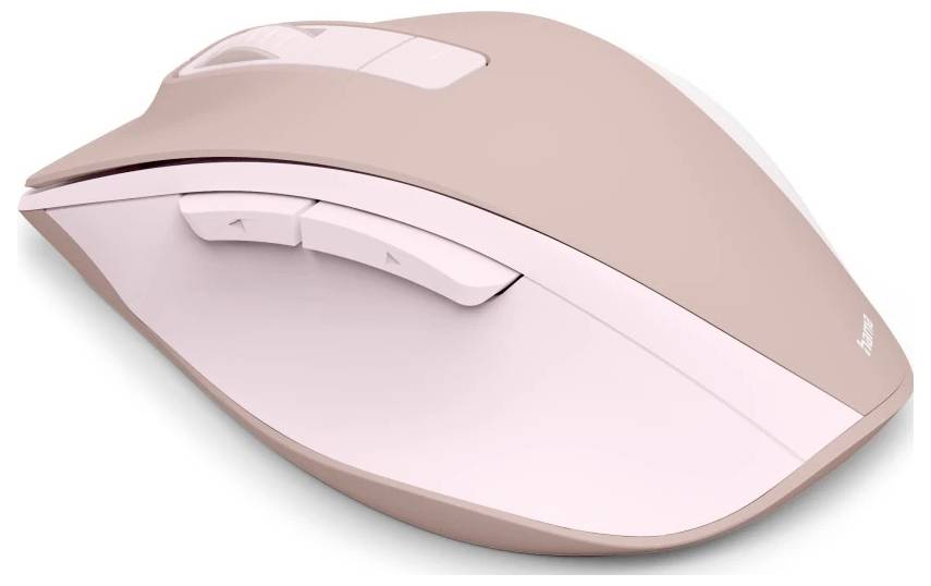 Eine rosa Computermaus mit ergonomischem Design und Seitentasten, geeignet für Rechtshänder, präsentiert auf einem einfarbigen weißen Hintergrund.
