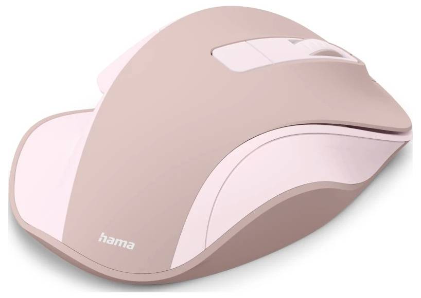 Eine rosa kabellose Computermaus mit ergonomischem Design und Scrollrad, auf der der Markenname angezeigt wird.