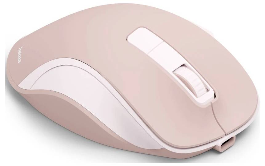 Rosa kabellose Computermaus mit zwei Tasten und einem Scrollrad, die ein schlankes ergonomisches Design aufweist.