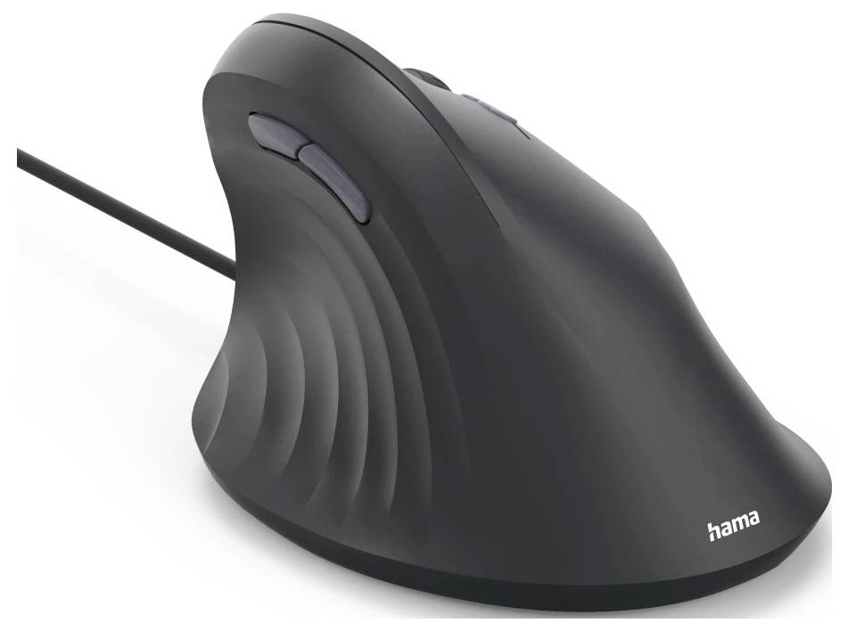 Ergonomische vertikale schwarze Computer-Maus mit Kabel, entwickelt für eine komfortable Handpositionierung und ausgestattet mit seitlichen Tasten.