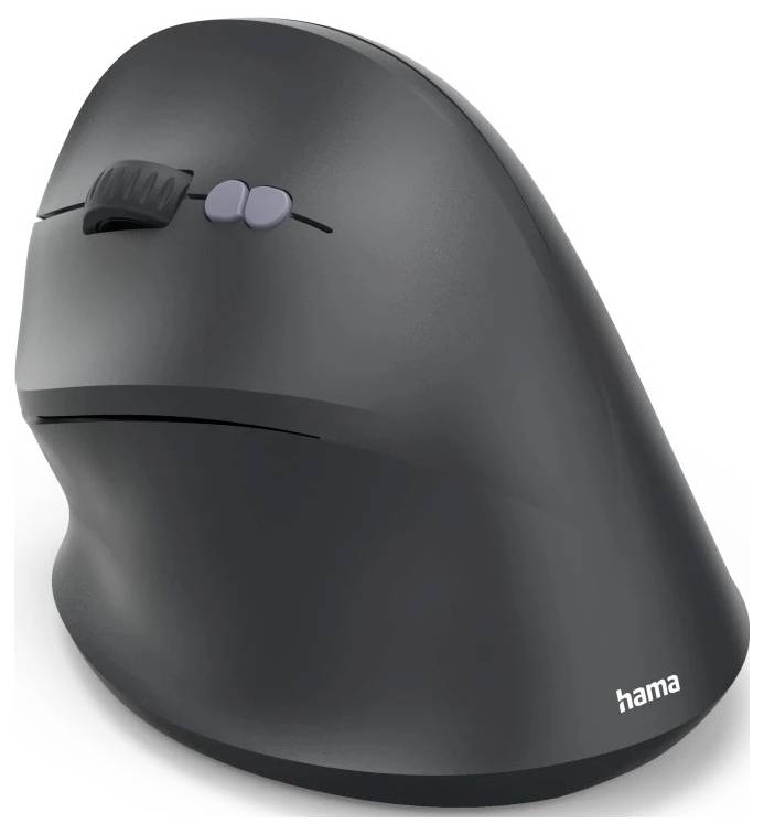 Ergonomische vertikale Computer-Maus in Schwarz mit Scrollrad und Klickknöpfen. Der Markenname 'hama' ist seitlich in Weiß gedruckt.
