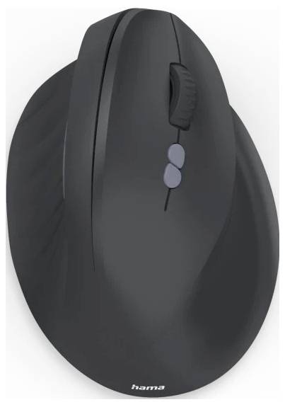 Eine schwarze ergonomische Computermaus mit vertikaler Bauform, zwei Seitentasten, einem Scrollrad und der Markenbezeichnung 'Hama' auf der Unterseite.