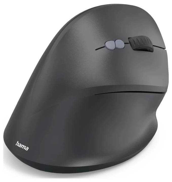 Ergonomische schwarze vertikale Computermaus mit zwei Seitentasten und einem Scrollrad, entwickelt zur Reduzierung von Handgelenkbelastung.