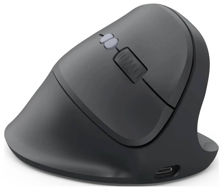 Vertikale ergonomische Maus mit schwarzem Design, ausgestattet mit seitlichem Scrollrad und USB-C-Ladeanschluss.