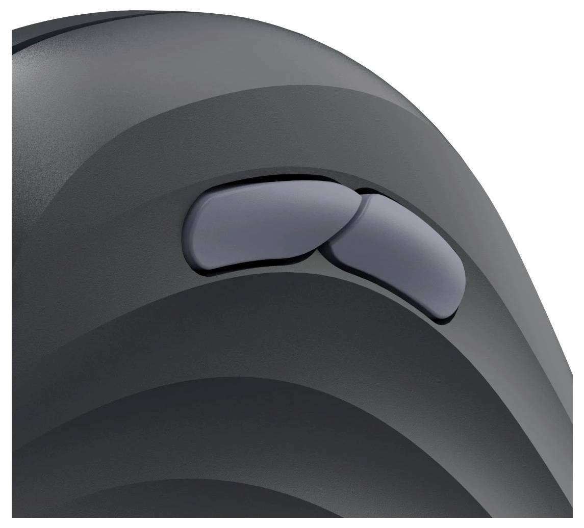 Nahaufnahme einer schwarzen ergonomischen Computermaus mit zwei seitlichen Tasten und einer strukturierten Griffoberfläche.