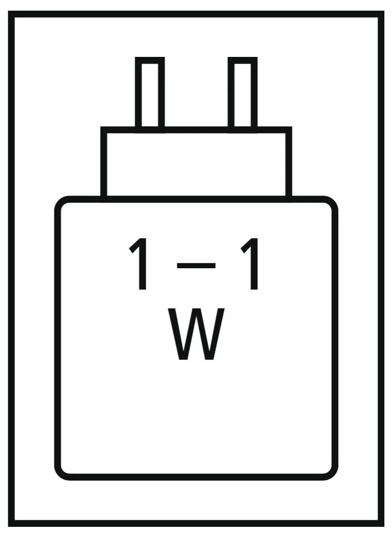 Ein AC-Adapter-Piktogramm mit zwei Stiften und dem Text „1 – 1 W