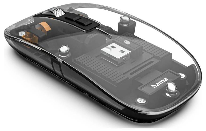 Eine transparente drahtlose Computermaus zeigt ihre Innenkomponenten. Sie verfügt über ein Scrollrad, einen USB-Empfänger und ein Markenetikett.
