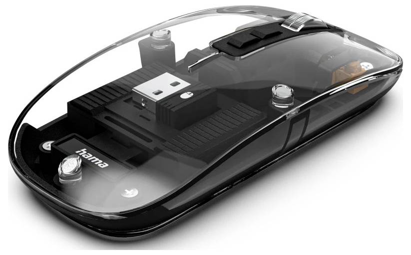 Eine transparente Computermaus, die interne Komponenten wie eine Leiterplatte und einen USB-Empfänger zeigt, mit einem durchsichtigen Scrollrad und Tasten.