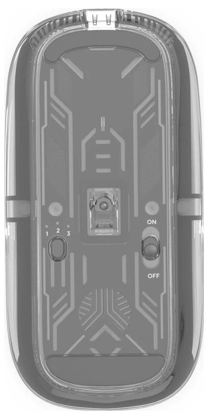 Eine transparente Computermaus, die Innenkomponenten zeigt, mit einem Scrollrad, einer LED-Anzeige und einem Ein-/Ausschalter.