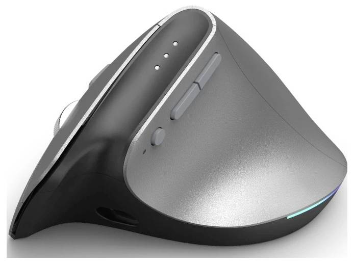 Vertikale ergonomische Computer-Maus mit seitlichen Tasten und LED-Anzeige. Entwickelt zur Reduzierung von Handgelenkbelastung. Grau-schwarzes Farbschema.