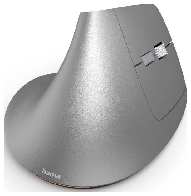 Eine silberne ergonomische Vertikalmaus mit Daumenablage und Scrollrad, entwickelt zur Reduzierung von Handgelenkbelastung. Markenname 'hama' sichtbar.