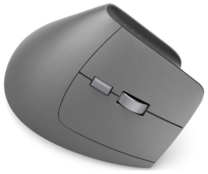 Ergonomische vertikale Maus mit grauer strukturierter Oberfläche, ausgestattet mit einem Scrollrad und zwei Tasten für eine komfortable und natürliche Handpositionierung.