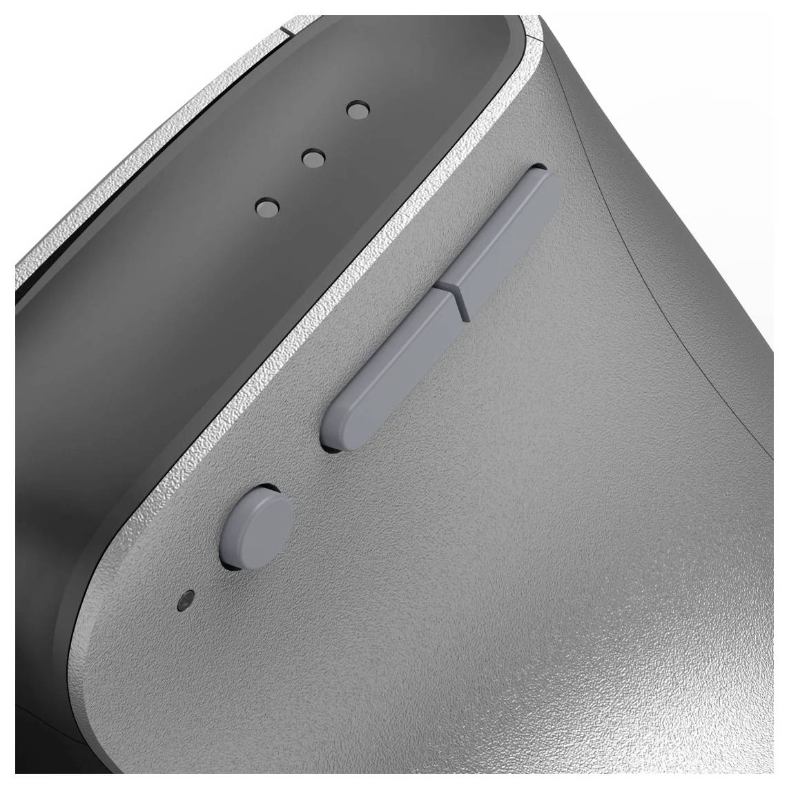 Eine Nahaufnahme einer grauen ergonomischen Computermaus, die zwei Tasten und ein Scrollrad an ihrer Seite hervorhebt.