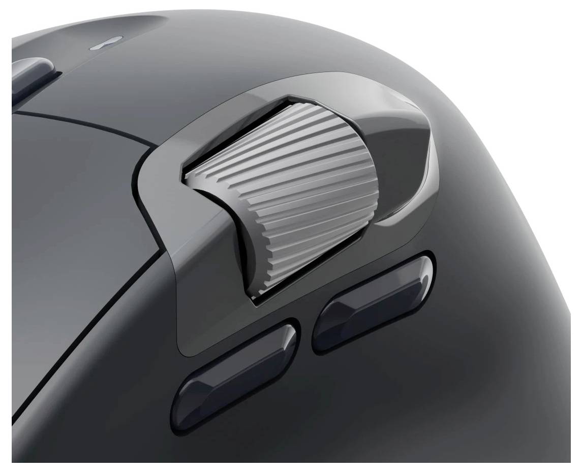Eine Nahaufnahme einer Computermaus, die ihr Scrollrad und zwei seitliche Tasten zeigt und ergonomische Designmerkmale hervorhebt.