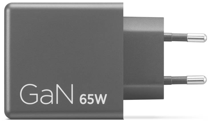 GaN 65W Netzteil mit zweipinigem Stecker, zeichnet sich durch kompaktes Design und GaN-Technologie für effizientes Laden aus.
