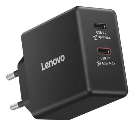 Lenovo-Ladegerät mit zwei USB-C-Anschlüssen. USB-C1 unterstützt max. 65W, USB-C2 unterstützt max. 18W. Europäischer Steckertyp, Farbe schwarz.