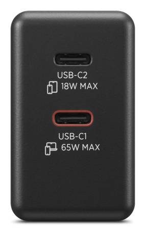Ein schwarzes Ladegerät mit zwei USB-C-Anschlüssen: 