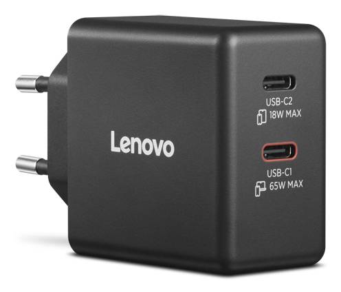 Ein schwarzes Lenovo-Wandladegerät mit zwei USB-C-Anschlüssen, gekennzeichnet mit 'USB-C1 65W Max' und 'USB-C2 18W Max', entwickelt für effizientes Laden.