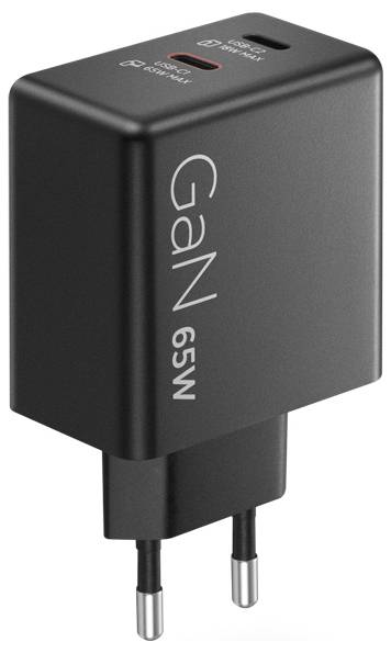 Ein schwarzes 65W GaN-Ladegerät mit USB-C-Anschluss, entwickelt für Schnellladung, mit europäischen Netzstecker-Kontakten.