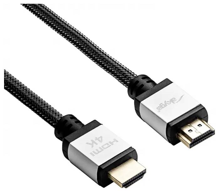 Ein schwarzes und silbernes HDMI-Kabel mit 'HDMI 4K'-Beschriftung am Anschluss, entwickelt für die Übertragung von hochauflösendem Audio und Video.