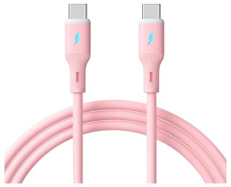 Ein rosa USB-C-Kabel mit Blitzsymbol-Icons auf den Anschlüssen, das die Schnellladefähigkeit anzeigt.