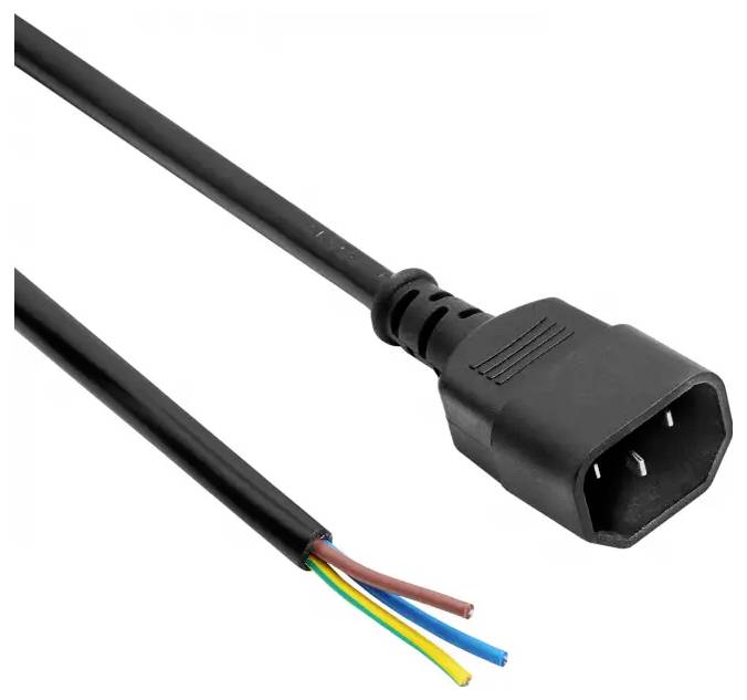 Netzkabel mit freigelegten farbigen Leitungen, schwarzer Steckerkopf rechts, bereit zur Installation oder Reparatur.