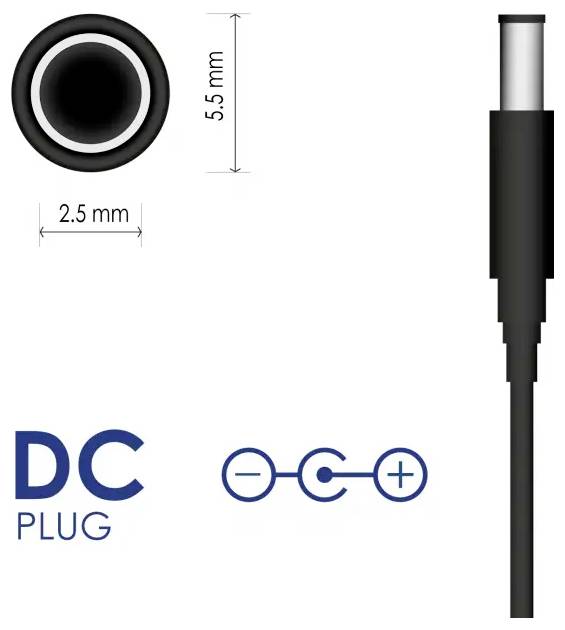 DC-Stecker-Diagramm mit Anschluss, der eine Außendimension von 5,5 mm und eine Innendimension von 2,5 mm zeigt, gekennzeichnet mit Polaritätssymbolen, die positive und negative Anschlüsse anzeigen.