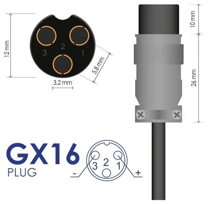 GX16-Stecker Illustration mit 3-poligem Diagramm, Maße beschriftet: 12mm, 3,2mm, 26mm, 10mm, 5,8mm. Zeigt Pinpositionierung und Größe.